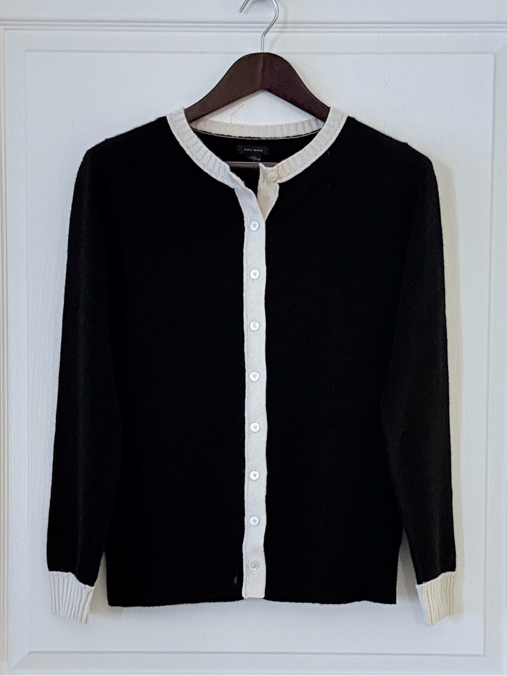 Only Mine Black Cashmere Cardigan with Cream Trim